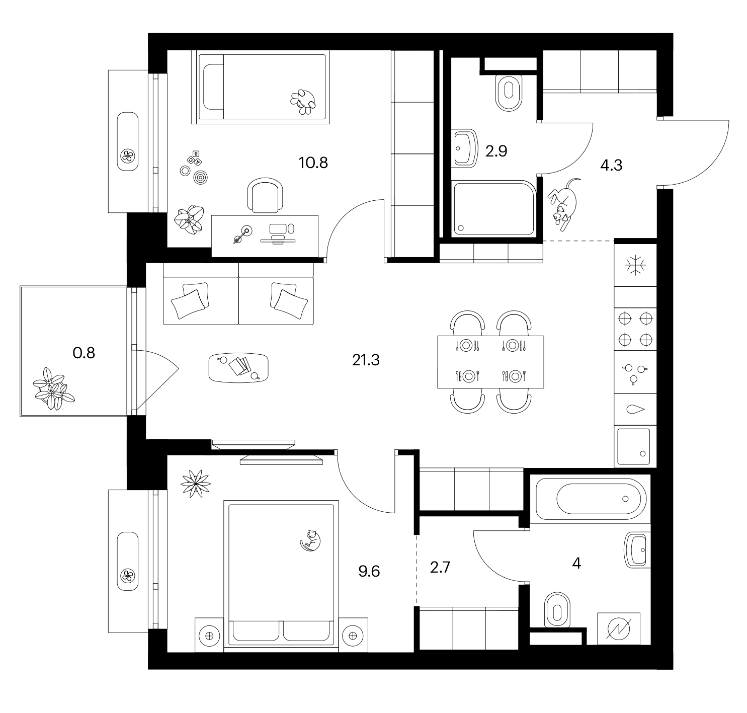 Планировка: 2-комнатная квартира 55,6 м² в ЖК «Зеленый парк»