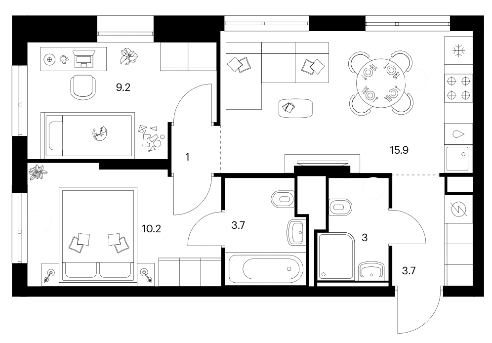 Планировка: 2-комнатная квартира 46,7 м² в ЖК «Зеленый парк»