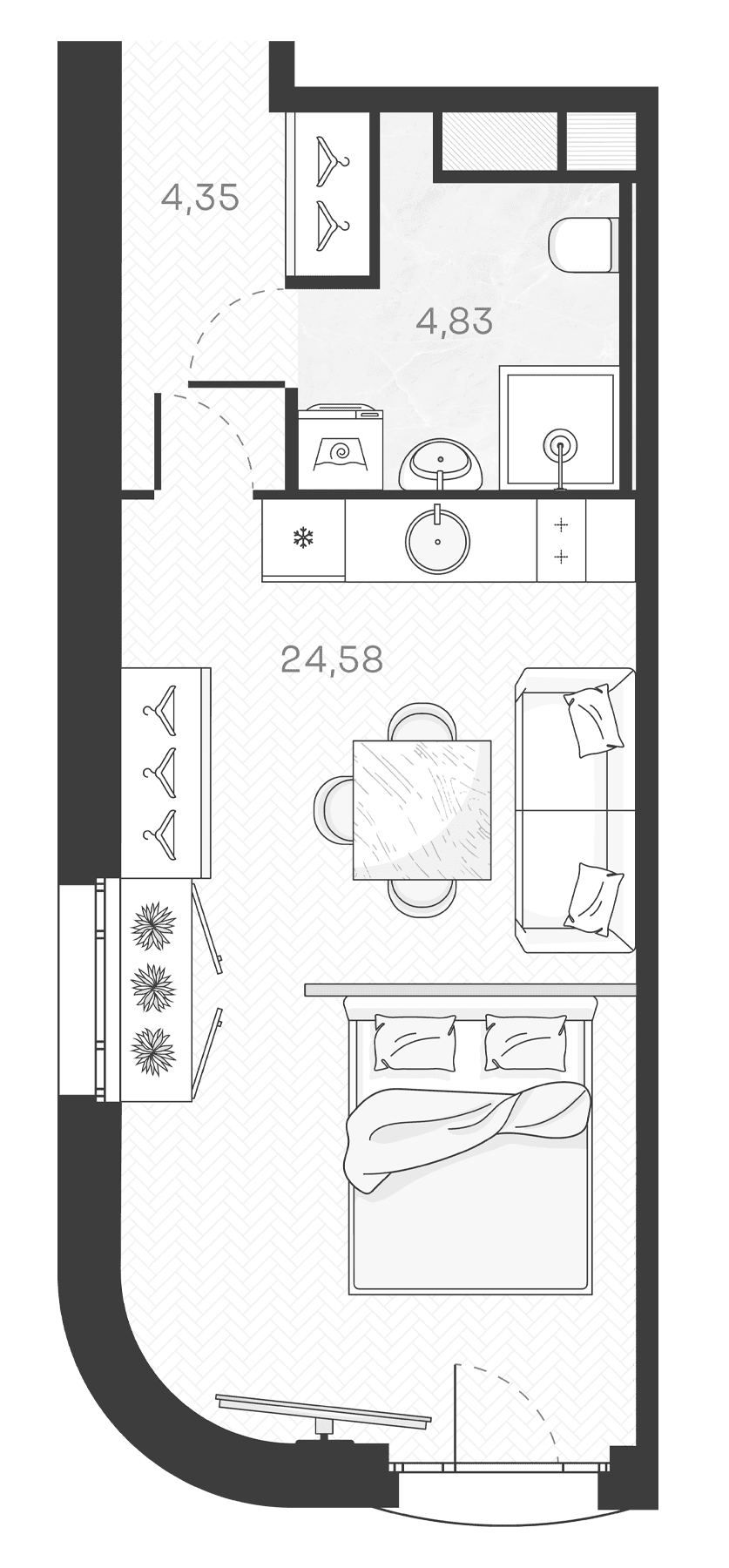 Планировка: Студия 33,8 м² в ЖК «Monodom Art»