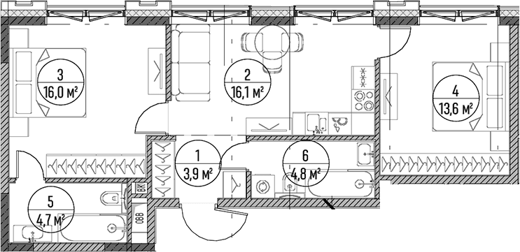 Планировка: Евротрёшка 59,1 м² в ЖК «Дом на Часовой»