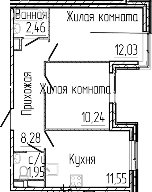 Планировка: 2-комнатная квартира 46,5 м² в ЖК «Сертолово Парк»