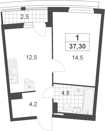 Планировка: 1-комнатная квартира 36,1 м² в ЖК «Деснаречье»