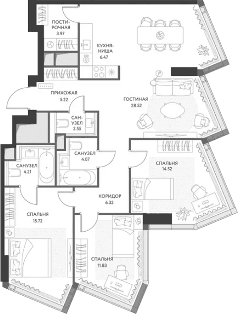 Планировка: Квартира евро-4 103,3 м² в ЖК «ХАЙДАУТ»