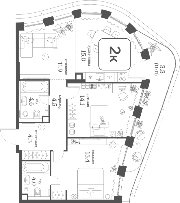 Планировка: 2-комнатная квартира 73,8 м² в ЖК «Муза»