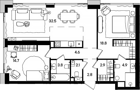 Планировка: Евротрёшка 88,1 м² в ЖК «СТОУН Грэйн»