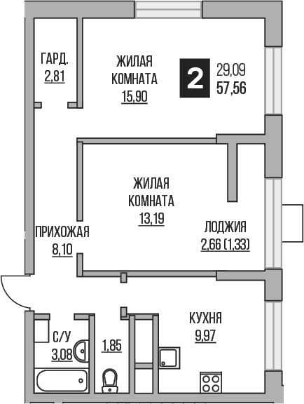 Планировка: 2-комнатная квартира 54,9 м² в ЖК «Гранель Пехра»