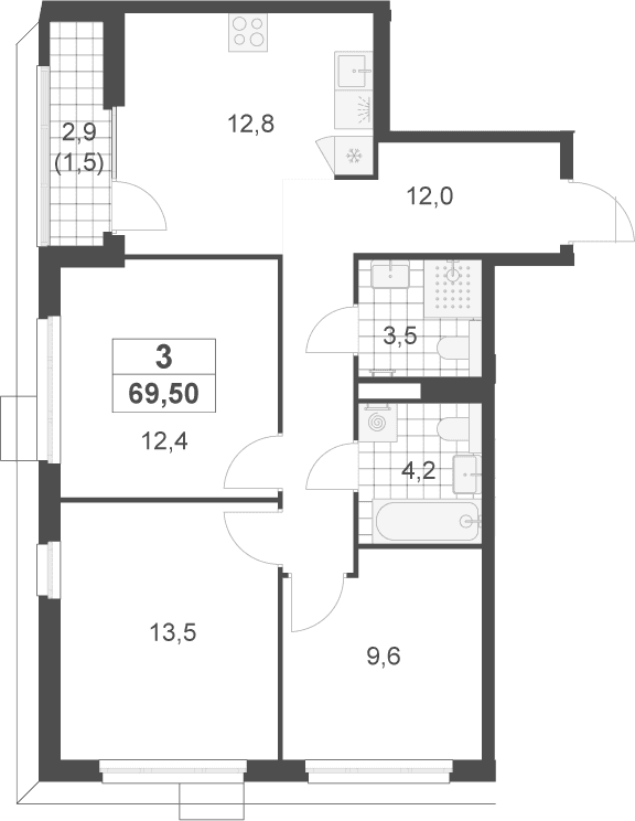 Планировка: 3-комнатная квартира 68 м² в ЖК «Скандинавия»