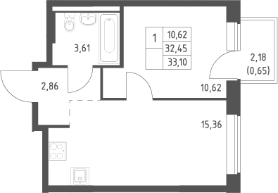 Планировка: Евродвушка 32,5 м² в ЖК «Большое Юрлово»