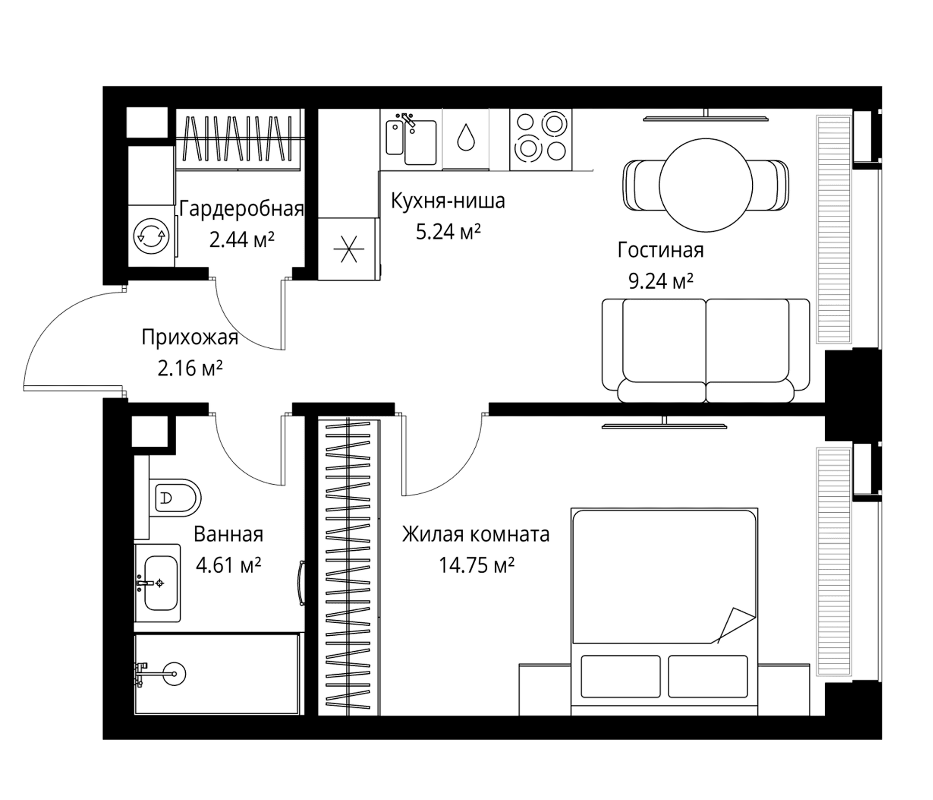 Планировка: Евродвушка 38,4 м² в ЖК «Веер»