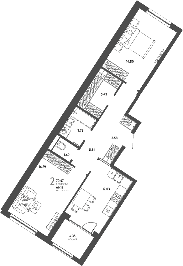 Планировка: 2-комнатная квартира 66,1 м² в ЖК «Страна.Парковая»