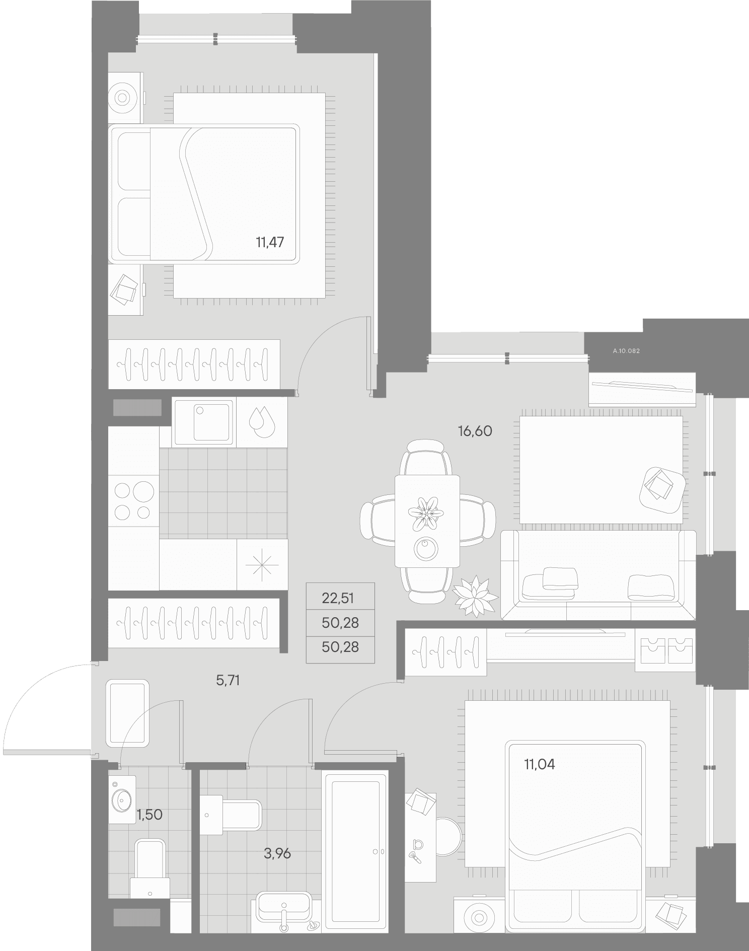 Планировка: Евротрёшка 50,3 м² в ЖК «Альпен»