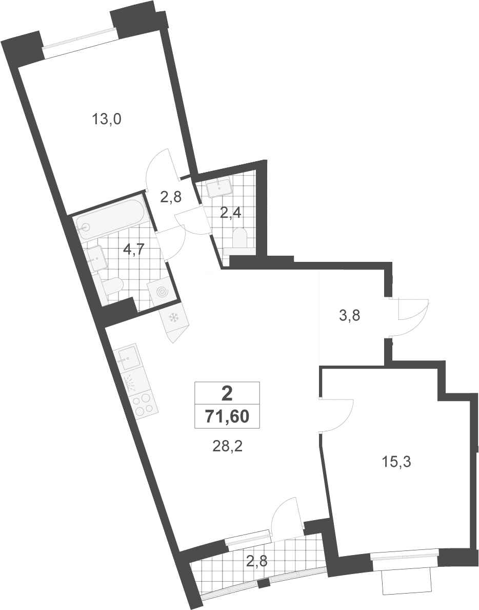 Планировка: Евротрёшка 70,2 м² в ЖК «Деснаречье»