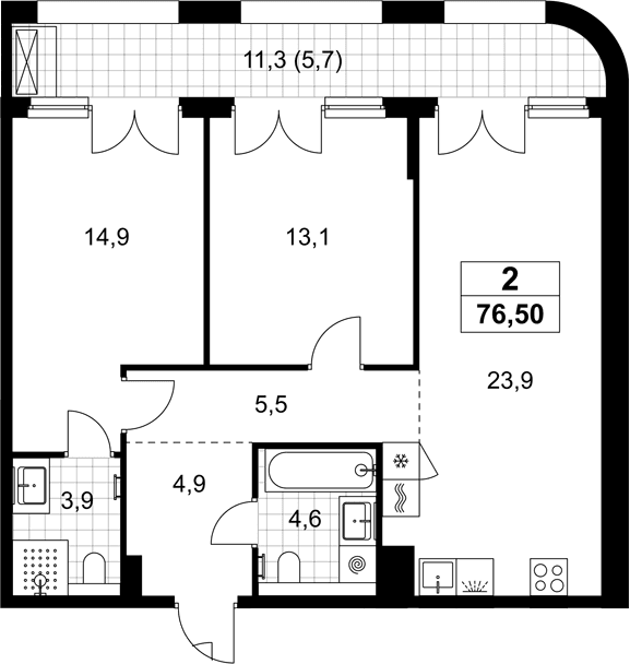 Планировка: Евротрёшка 70,8 м² в ЖК «Хольм»