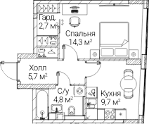 Планировка: 1-комнатная квартира 37,2 м² в ЖК «СЕЗАР БУДУЩЕЕ»