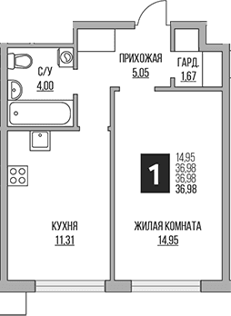 Планировка: Евродвушка 37 м² в ЖК «Гранель Притяжение Сити»