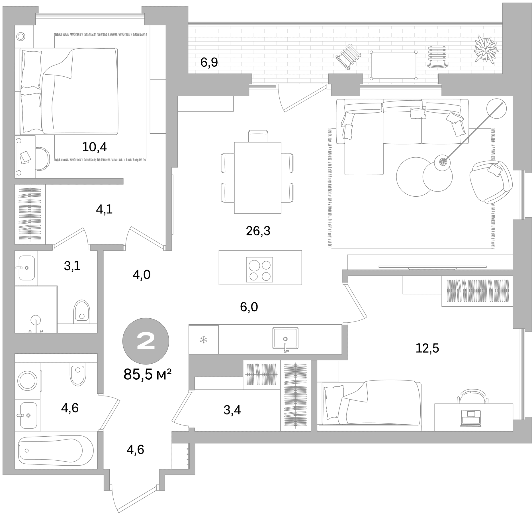 Планировка: Евротрёшка 78,6 м² в ЖК «Северный ветер»