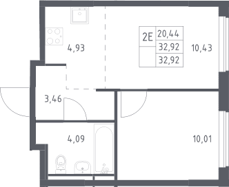 Планировка: Евродвушка 32,9 м² в ЖК «Мытищи Парк»