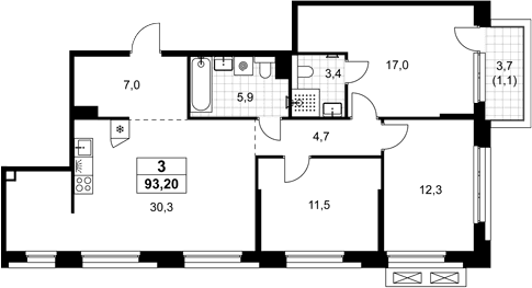 Планировка: Квартира евро-4 92,1 м² в ЖК «Хольм»
