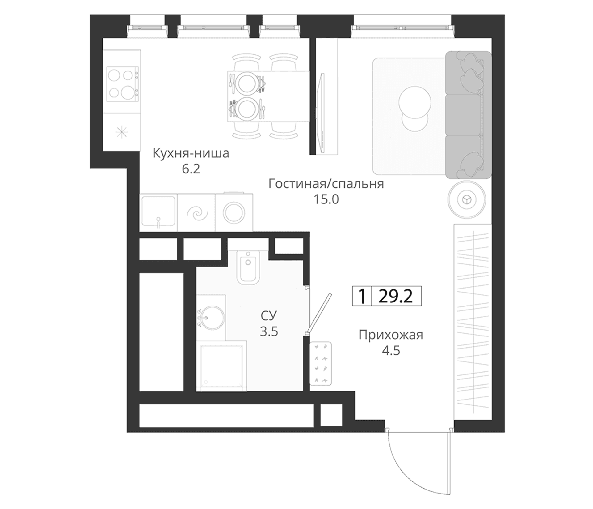 Планировка: Студия 29,2 м² в ЖК «ГРЭЙ»