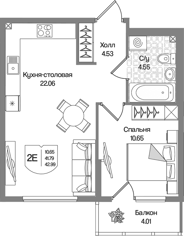 Планировка: Евродвушка 41,8 м² в ЖК «Охтинские высоты»