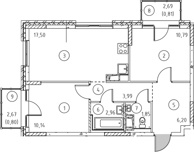 Планировка: Евротрёшка 53,4 м² в ЖК «Новое Колпино»