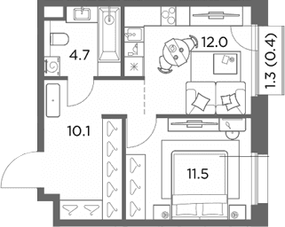 Планировка: 1-комнатная квартира 38,3 м² в ЖК «Станиславский»