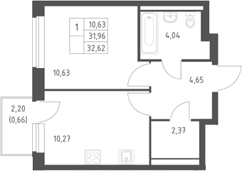 Планировка: 1-комнатная квартира 32 м² в ЖК «Горки Парк»