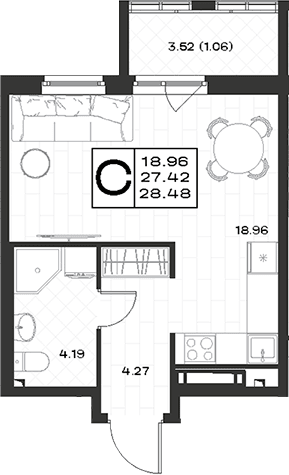 Планировка: Студия 27,4 м² в ЖК «Имена»