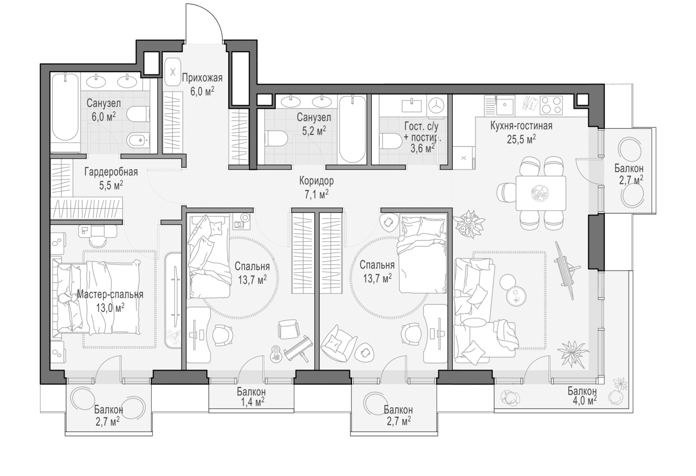 Планировка: Квартира евро-4 99,6 м² в ЖК «Квартал Тишинский бульвар»