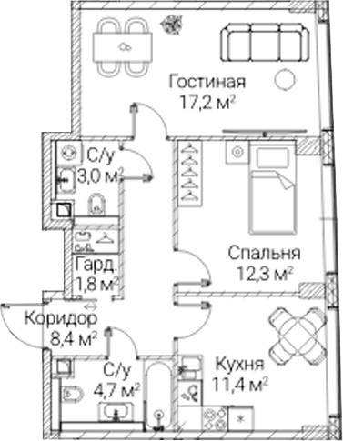 Планировка: 2-комнатная квартира 58,8 м² в ЖК «СЕЗАР БУДУЩЕЕ»