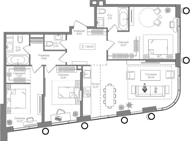 Планировка: Квартира евро-4 110,6 м² в ЖК «Преображенская площадь»