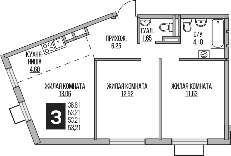 Планировка: Евротрёшка 53,2 м² в ЖК «Гранель Аникеевский»