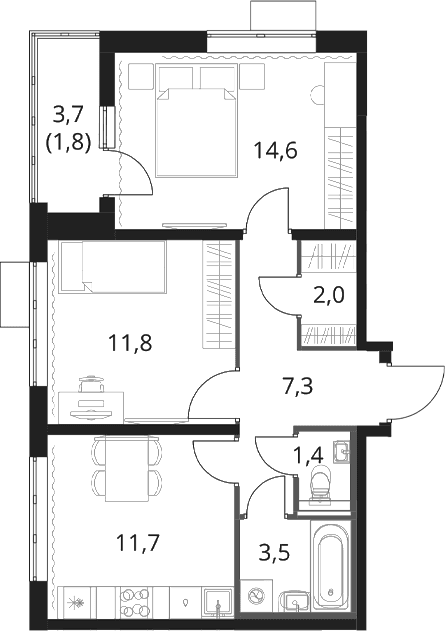 Планировка: 2-комнатная квартира 52,3 м² в ЖК «1-й Шереметьевский»