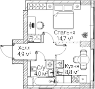 Планировка: 1-комнатная квартира 32,3 м² в ЖК «СЕЗАР БУДУЩЕЕ»