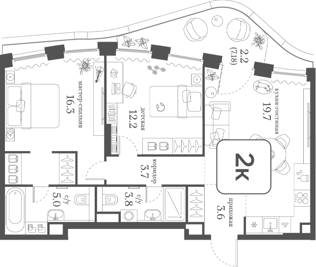 Планировка: 2-комнатная квартира 64,3 м² в ЖК «Муза»