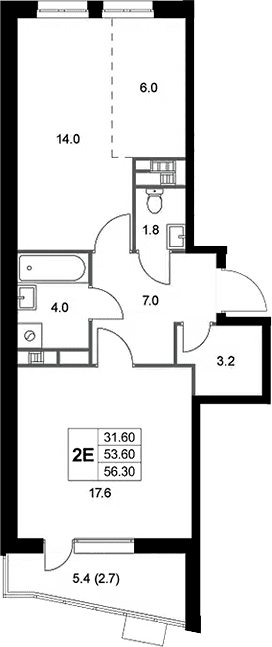 Планировка: Евродвушка 53,8 м² в ЖК «Легенда Коренево»