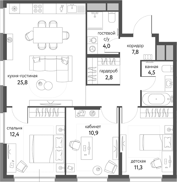 Планировка: Квартира евро-4 79,5 м² в ЖК «Сиреневый парк»