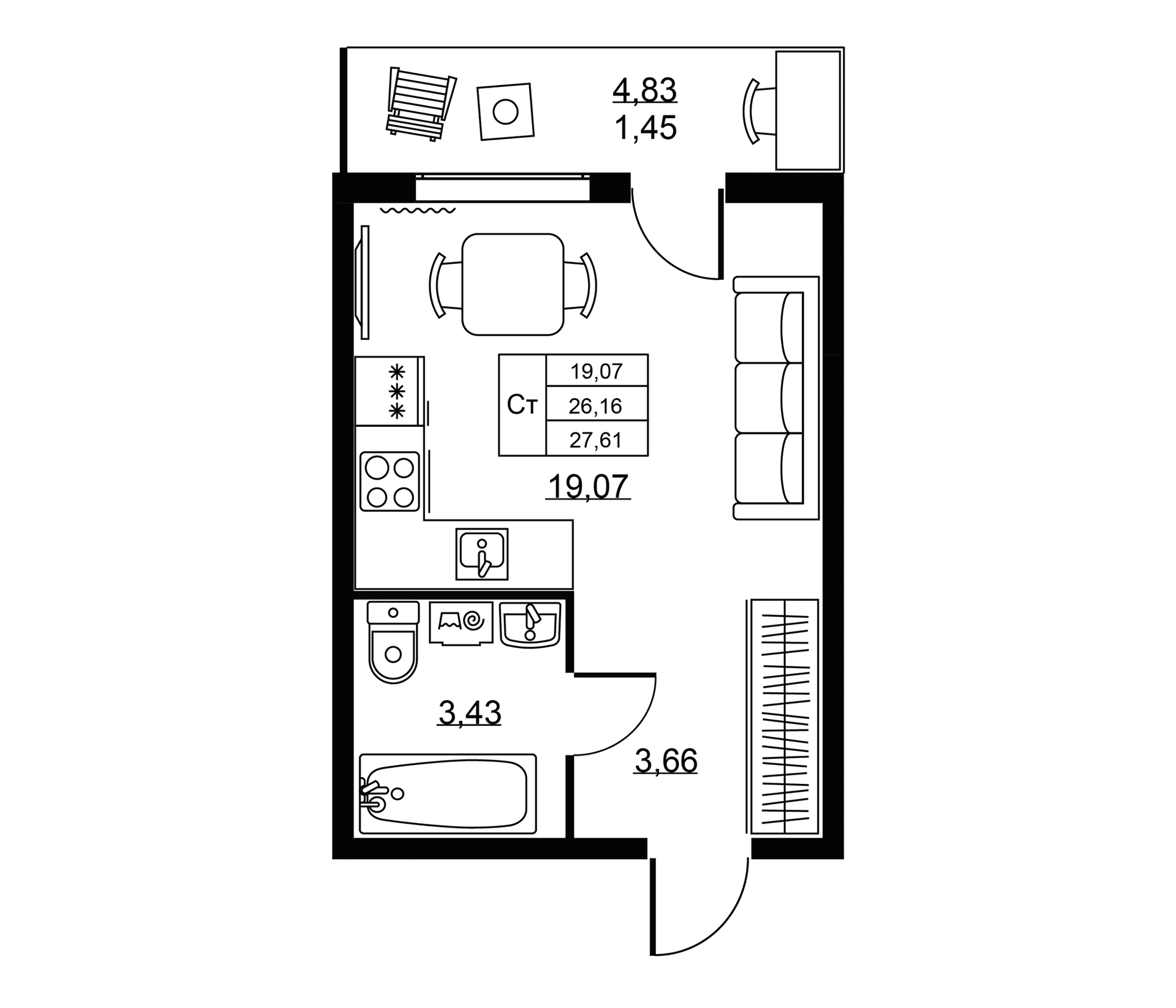 Планировка: Студия 26,2 м² в ЖК «Пулковское, 34»