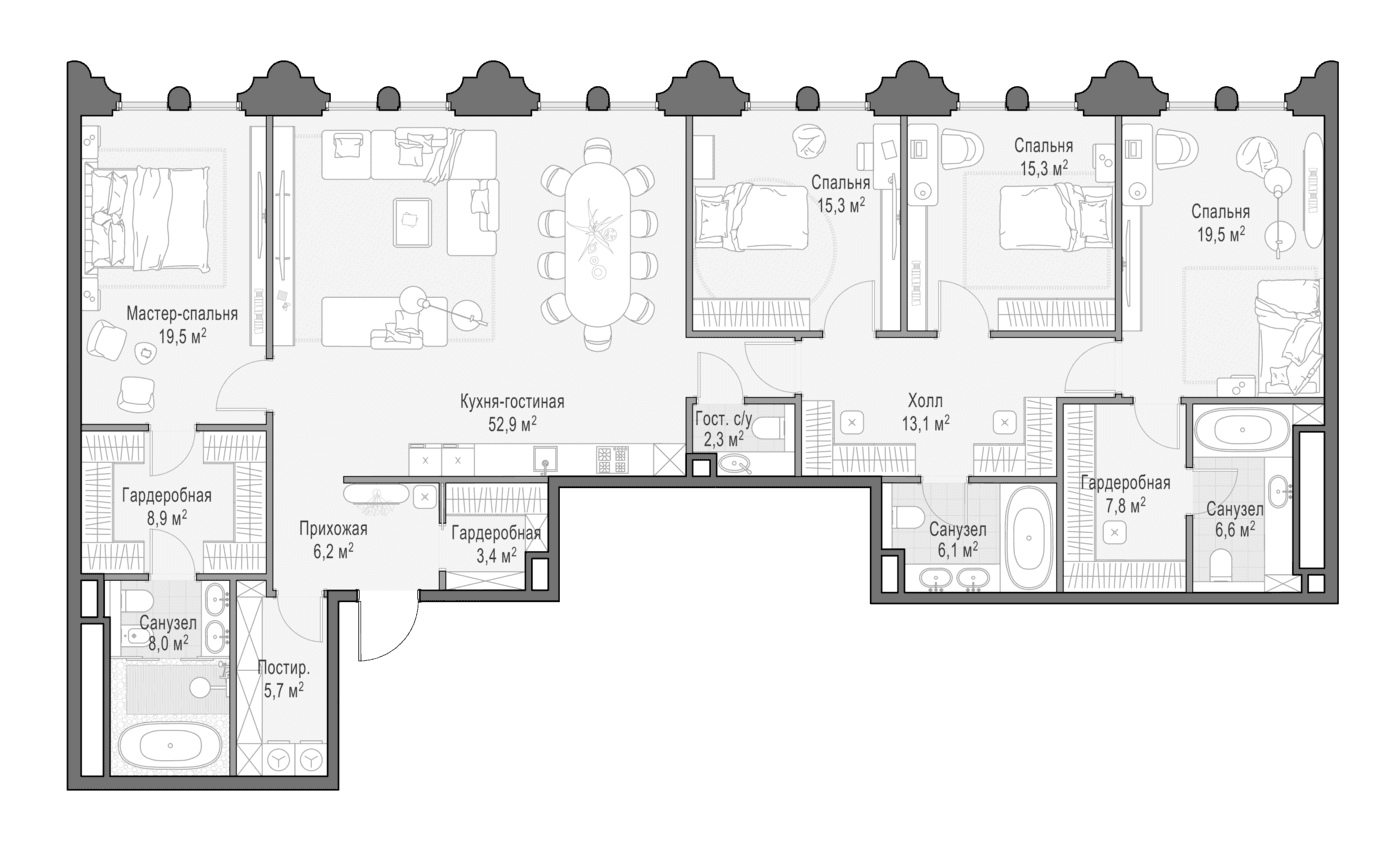 Планировка: 4-комнатная квартира 190,6 м² в ЖК «Клубный квартал Фрунзенский»