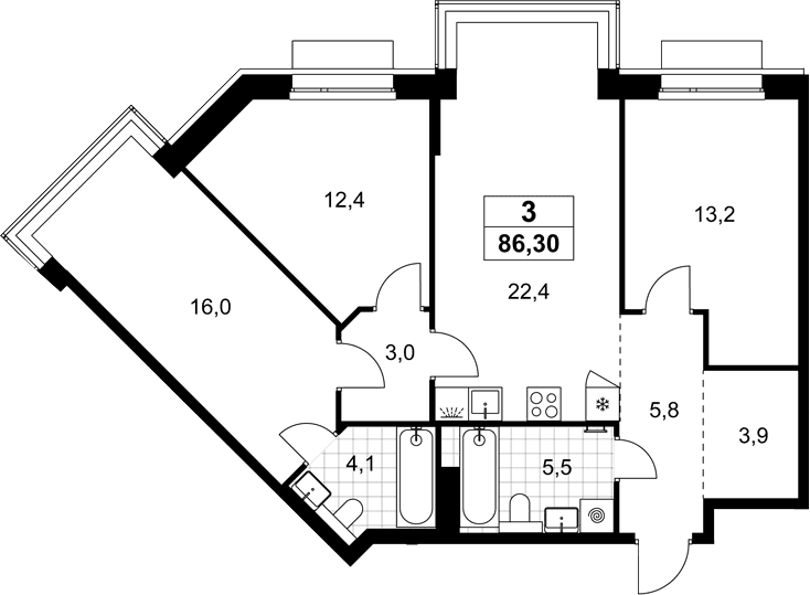 Планировка: Квартира евро-4 86,3 м² в ЖК «Хольм»