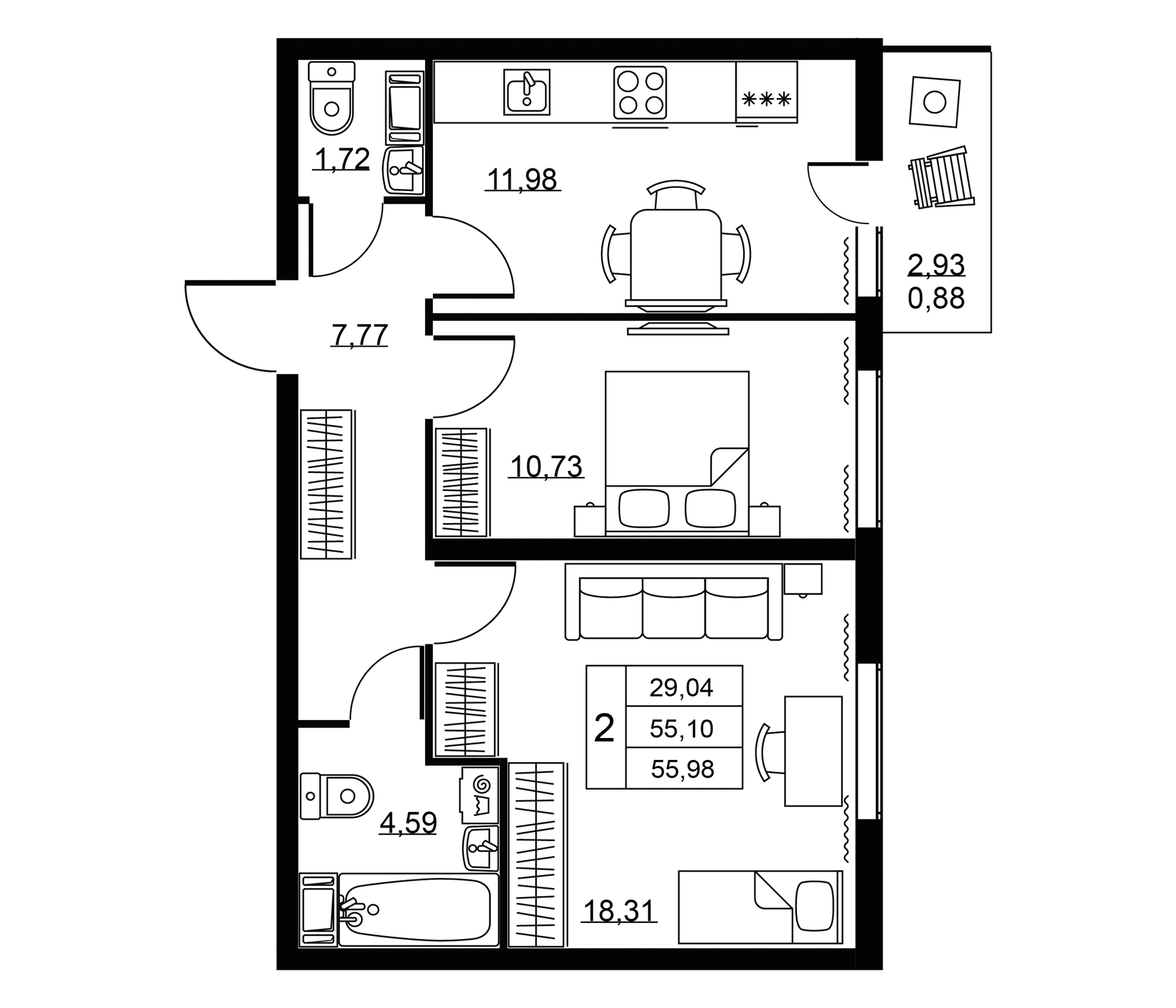 Планировка: 2-комнатная квартира 55,1 м² в ЖК «Пулковское, 34»