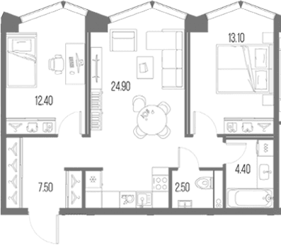 Планировка: 2-комнатная квартира 64,8 м² в ЖК «Северный Порт»