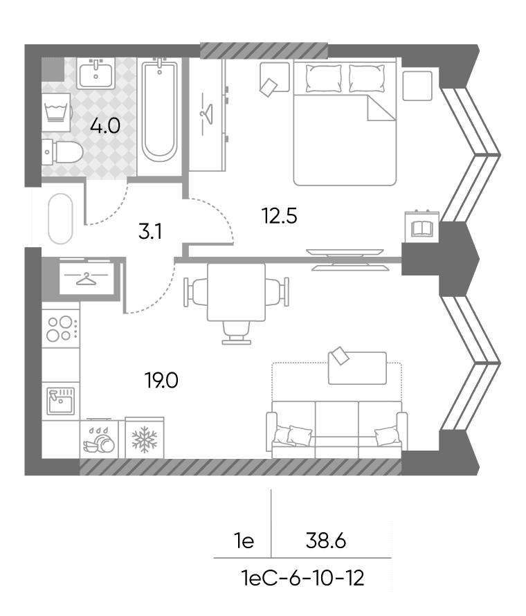 Планировка: Евродвушка 38,6 м² в ЖК «ЗилАрт»