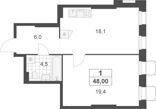 Планировка: Евродвушка 48 м² в ЖК «Деснаречье»