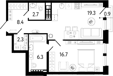 Планировка: Евродвушка 55,7 м² в ЖК «Коллекционер»
