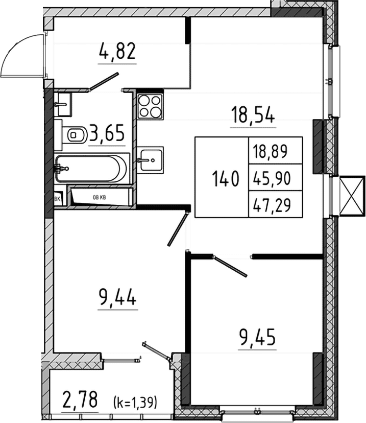 Планировка: Евротрёшка 45,9 м² в ЖК «Поварово-Молодежный-2»