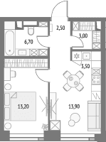 Планировка: Евродвушка 42,8 м² в ЖК «Апсайд Тауэрс»