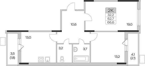 Планировка: 2-комнатная квартира 62,7 м² в ЖК «Пироговская ривьера»