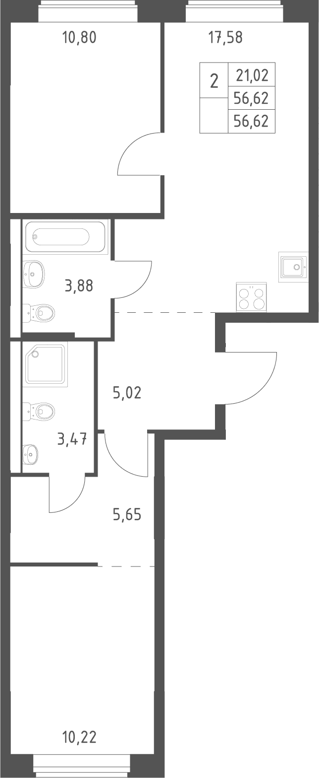 Планировка: Евротрёшка 56,6 м² в ЖК «Большое Юрлово»