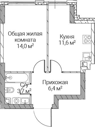 Планировка: 1-комнатная квартира 35,7 м² в ЖК «СЕЗАР СИЛИКА»